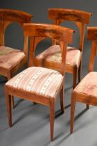 4 Schlichte Biedermeier Stühle mit Schaufellehne und Bogenelement im Rücken, Kirsche furniert, 1. H