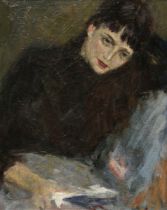 Unknown artist c. 1900 "Reading woman", oil/canvas, 50,5x40,7cm (w.f. 62,7x52,6cm), craquelé