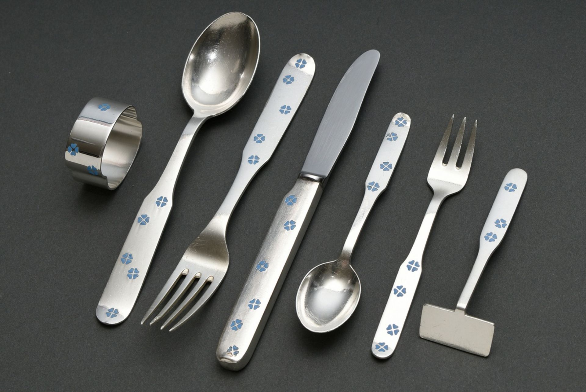 7 pieces Danish Midcentury christening cutlery with light blue heart-shaped flowers in Champlevé en - Image 2 of 4