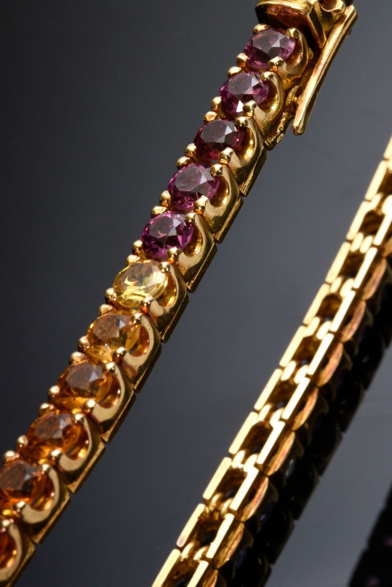 Modern yellow gold 800 rainbow rivière or tennis bracelet with amethysts, topazes, tourmalines, per - Image 3 of 4