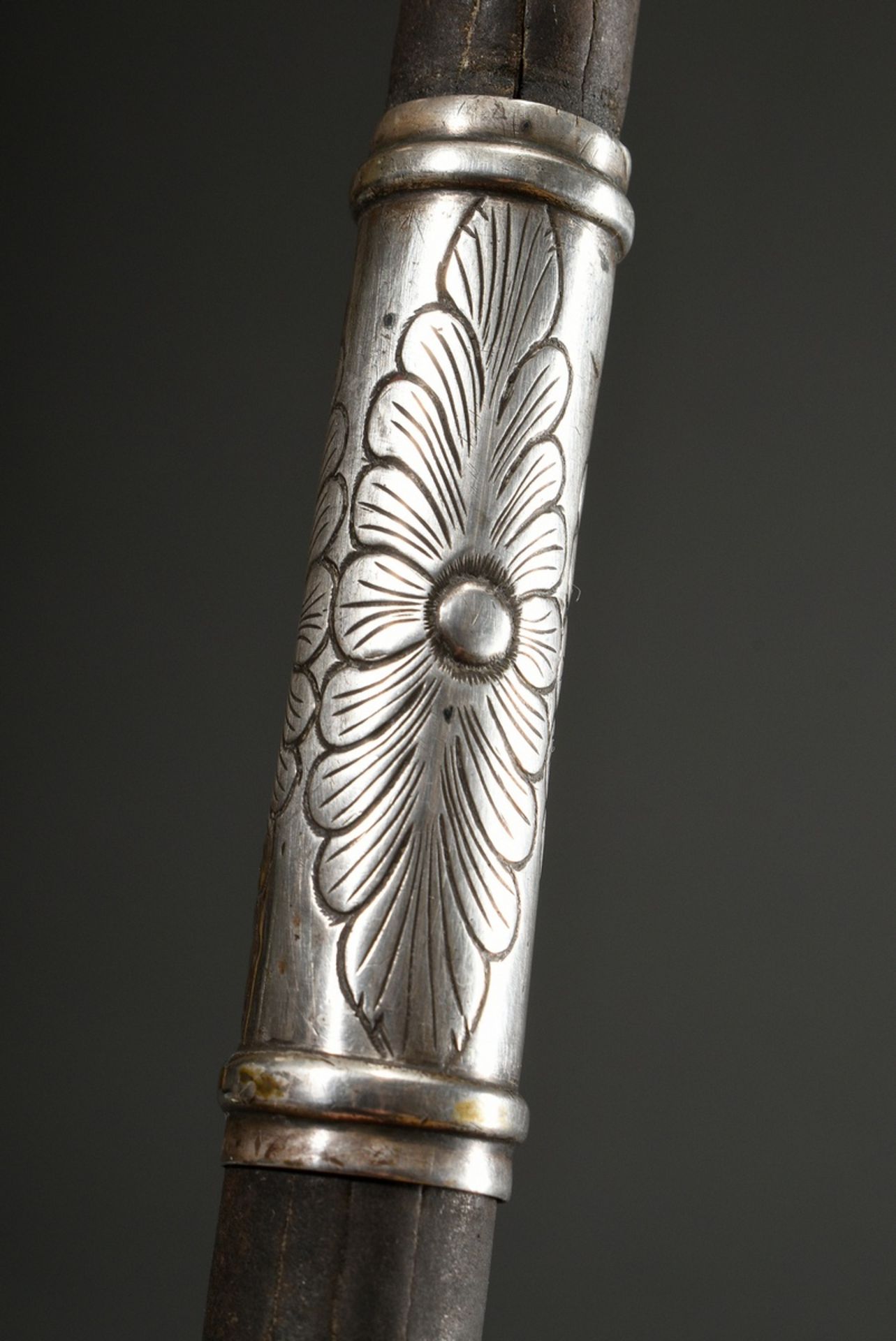 South American gaucho whip so-called Rebenque, leather with florally embossed silver cuffs and hand - Image 2 of 5