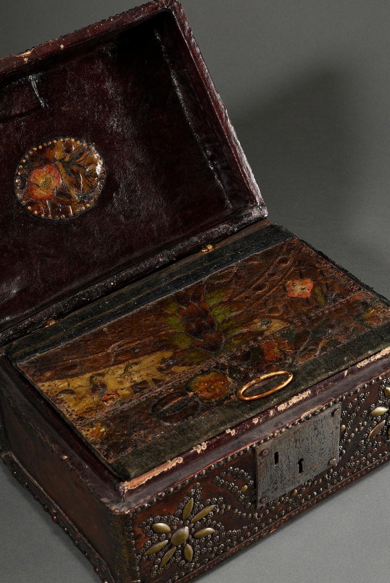 Antique leather casket with nailed decoration on the body and steel fittings, inside florally hallm - Image 8 of 14