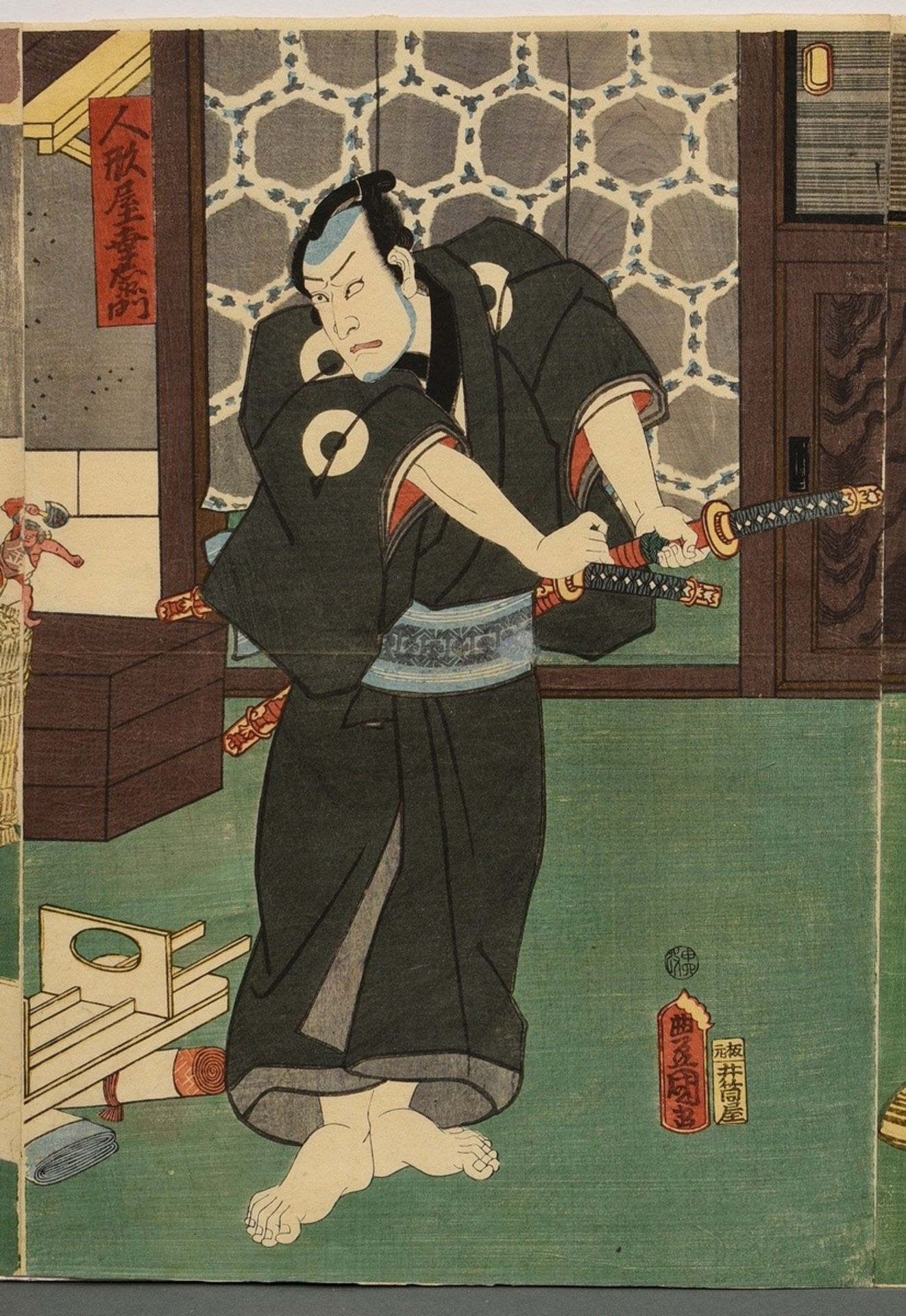 Utagawa Kunisada (1786-1865) "Beim Puppenmacher", Farbholzschnitte, Triptychon, sign. Toyokuni ga,  - Bild 3 aus 6