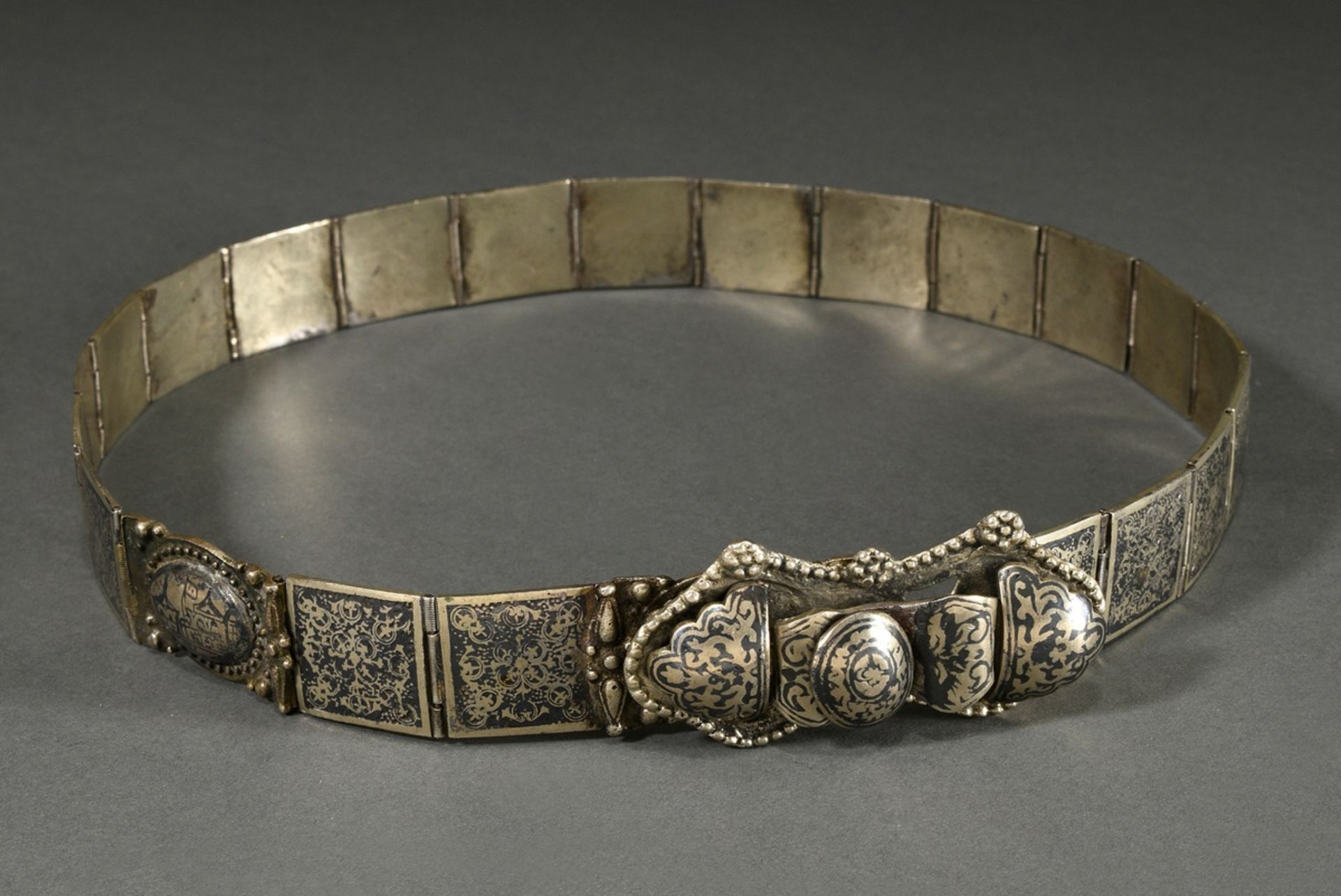 Russian women's belt with tendril decoration in niello work as well as soldered beads and multi-lin