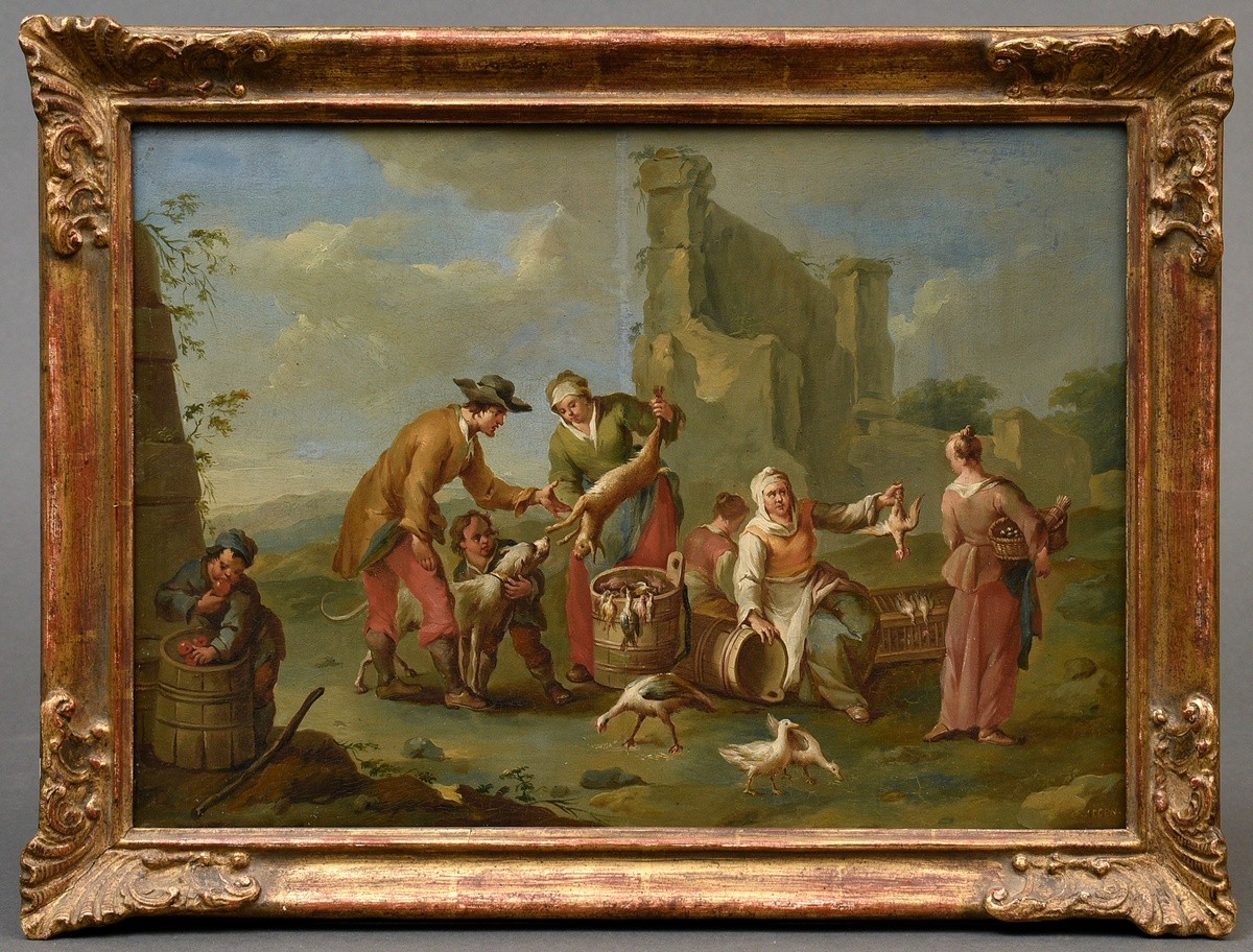 Aigen, Karl Joseph (1684-1762) „Marktszene mit Fleischhändlern“, Öl/Holz, u.r. sign., vergoldeter P - Bild 2 aus 6