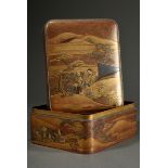 Magnificent Kobako lacquer lidded box for incense burners "Noble society in a mountainous landscape