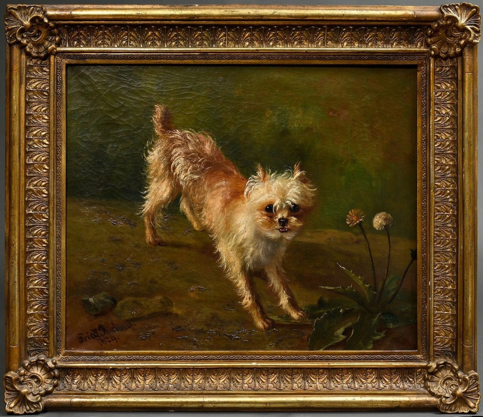 Rückert, Friedrich (1832-1893) "Terrier mit Löwenzahn" 1879, Öl/Leinwand, u.l. sign./dat., Prunkrah - Bild 2 aus 9