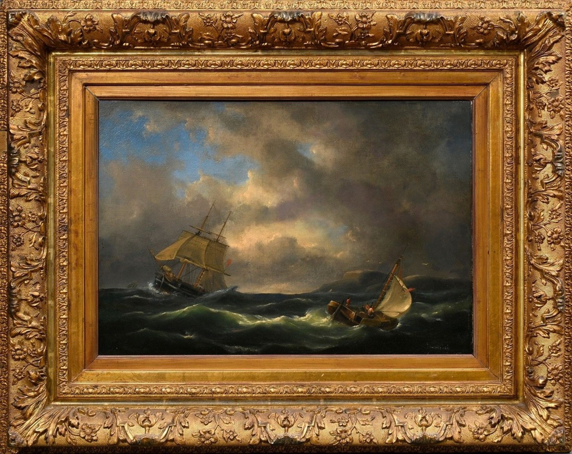 Emmerik, Govert van (1808-1882) "Ships in stormy sea", oil/canvas probably doubled, lower right sig - Image 2 of 6