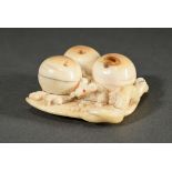 Ivory netsuke ‘Mouse between medlars’, inlaid carnelian eyes, Japan 19th century, 2x4x4cm, lovely p