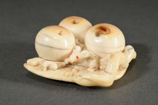 Elfenbein Netsuke "Maus zwischen Mispeln", eingelegte Karneol Augen, Japan 19.Jh., 2x4x4cm, schöne