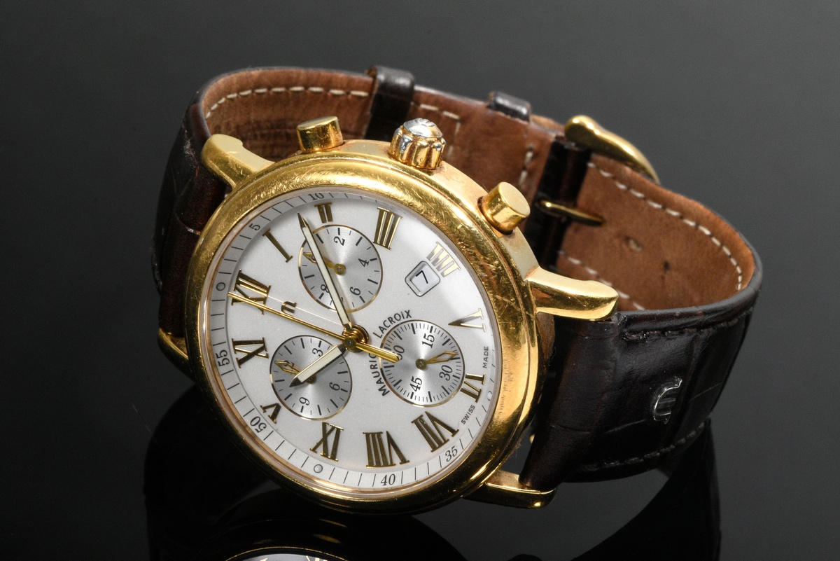 Maurice Lacroix Chronograph Armbanduhr, Edelstahl vergoldet, Emaille Zifferblatt mit römischen Zahl