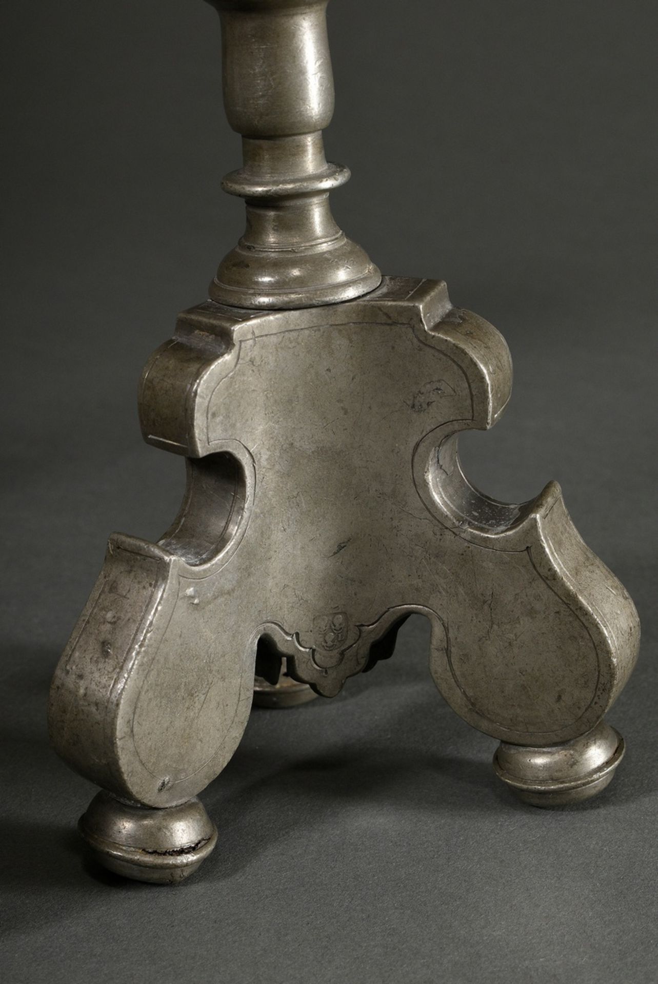 3 various baroque pewter candlesticks with baluster shaft over tripod and spike over protruding dri - Image 3 of 5