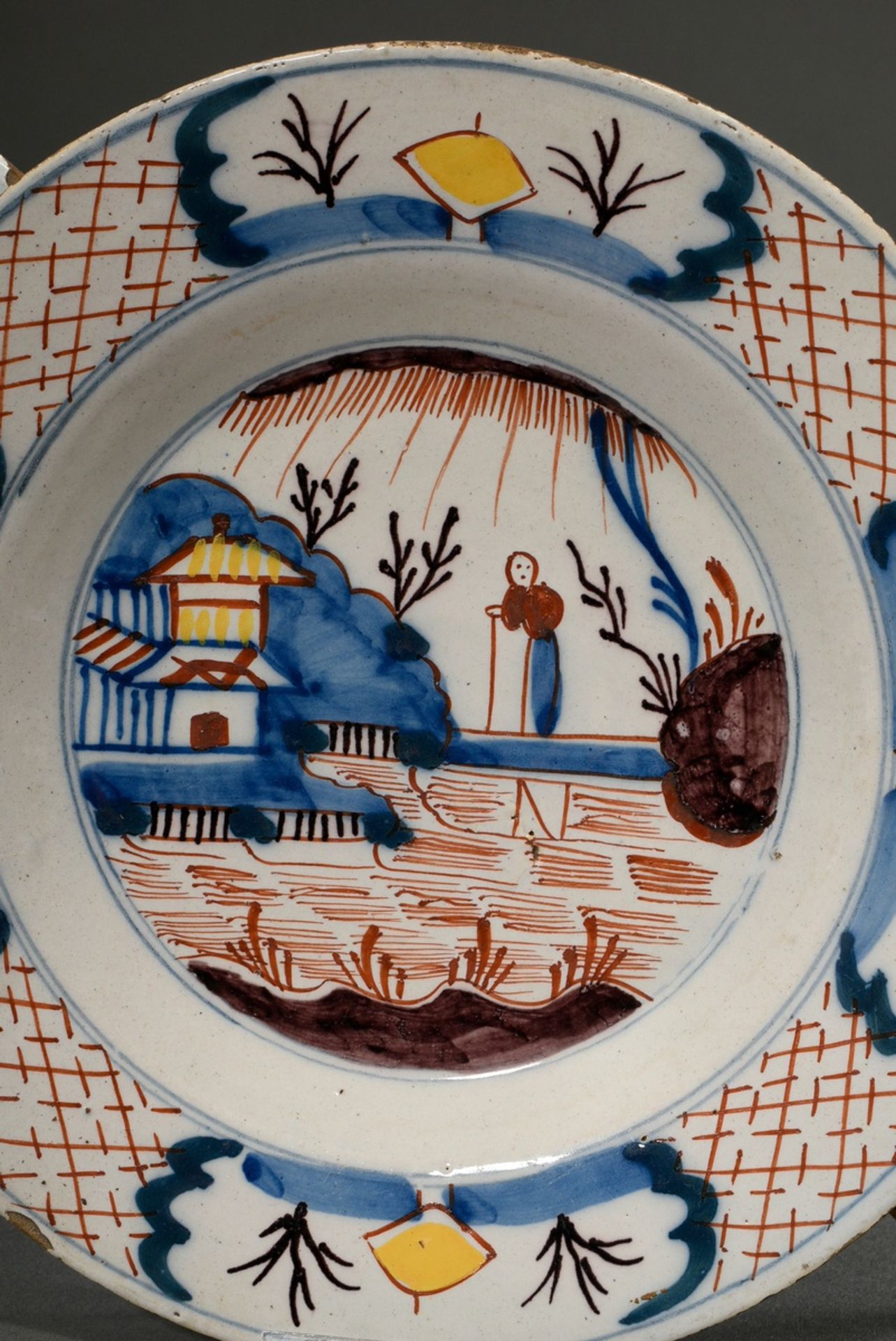 3 Small Dutch faience plates with polychrome slip painting ‘Chinoiserie’ and ‘Flower vases’, Delft  - Image 9 of 11