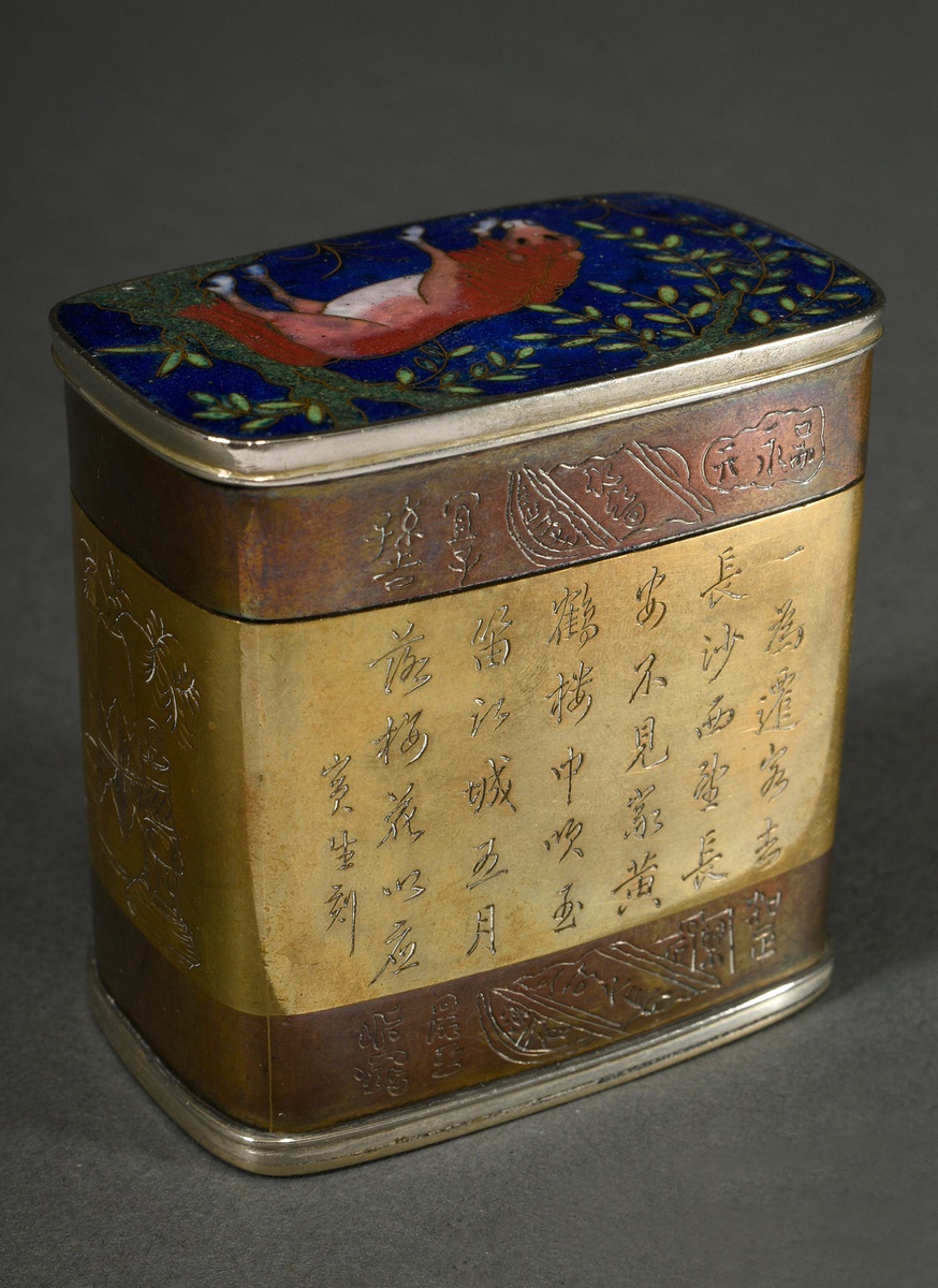 Kleine chinesische Teeblätterdose mit Cloisonné Deckel "Grasendes Pferd" sowie Gravurdekor auf der  - Bild 2 aus 8