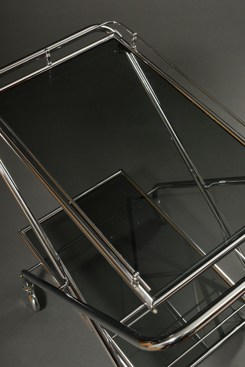 Folding tea trolley in Art Deco style with chrome-plated tubular steel scissor frame and two smoked - Image 3 of 4