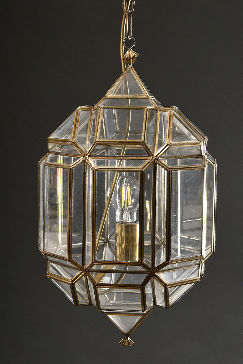 Polygonal ceiling lamp made of geometric glass panes in brass frames with chain suspension, approx.