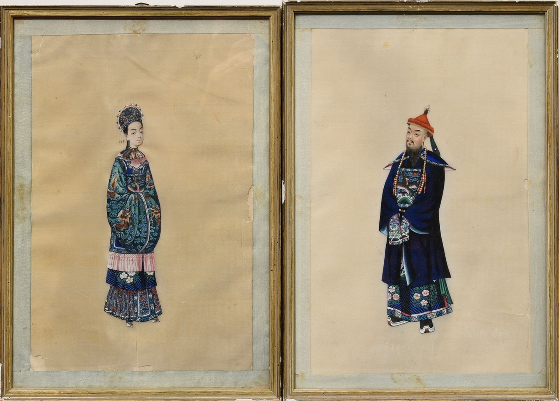 Paar feine Tsuso Malereien "Mandarin und chinesische Dame", Gouache auf Markpapier, Kanton um 1830/
