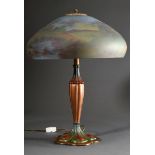 Art Nouveau table lamp with coloured cast zinc base and frosted glass shade painted on the inside "