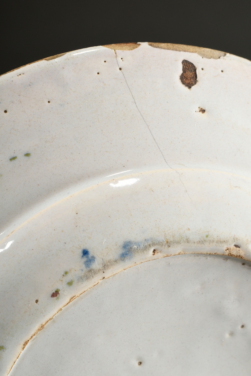 3 Small Dutch faience plates with polychrome slip painting ‘Chinoiserie’ and ‘Flower vases’, Delft  - Image 5 of 11