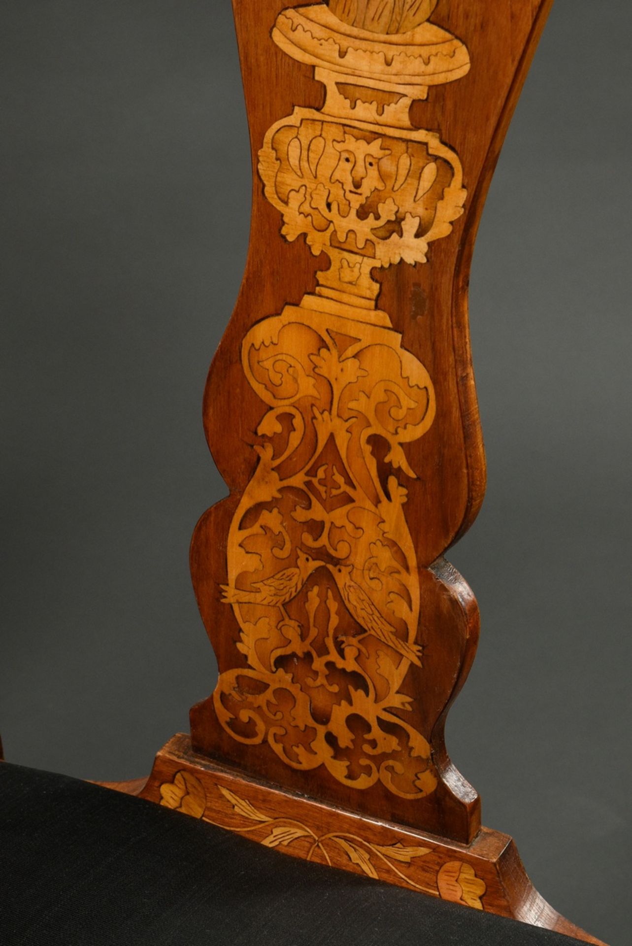 Pair of baroque chairs with elaborately inlaid frames "flower basket and vase with bird" on curved  - Image 4 of 11