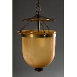Amber glass stable lantern with brass chains, matted inside, 19th c., h. 45cm, Ø 24cm, slight signs