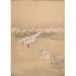 Japanese silk painting "Seagulls" in oak frame, seal signature lower right, approx. 1900, 84.5x63.5