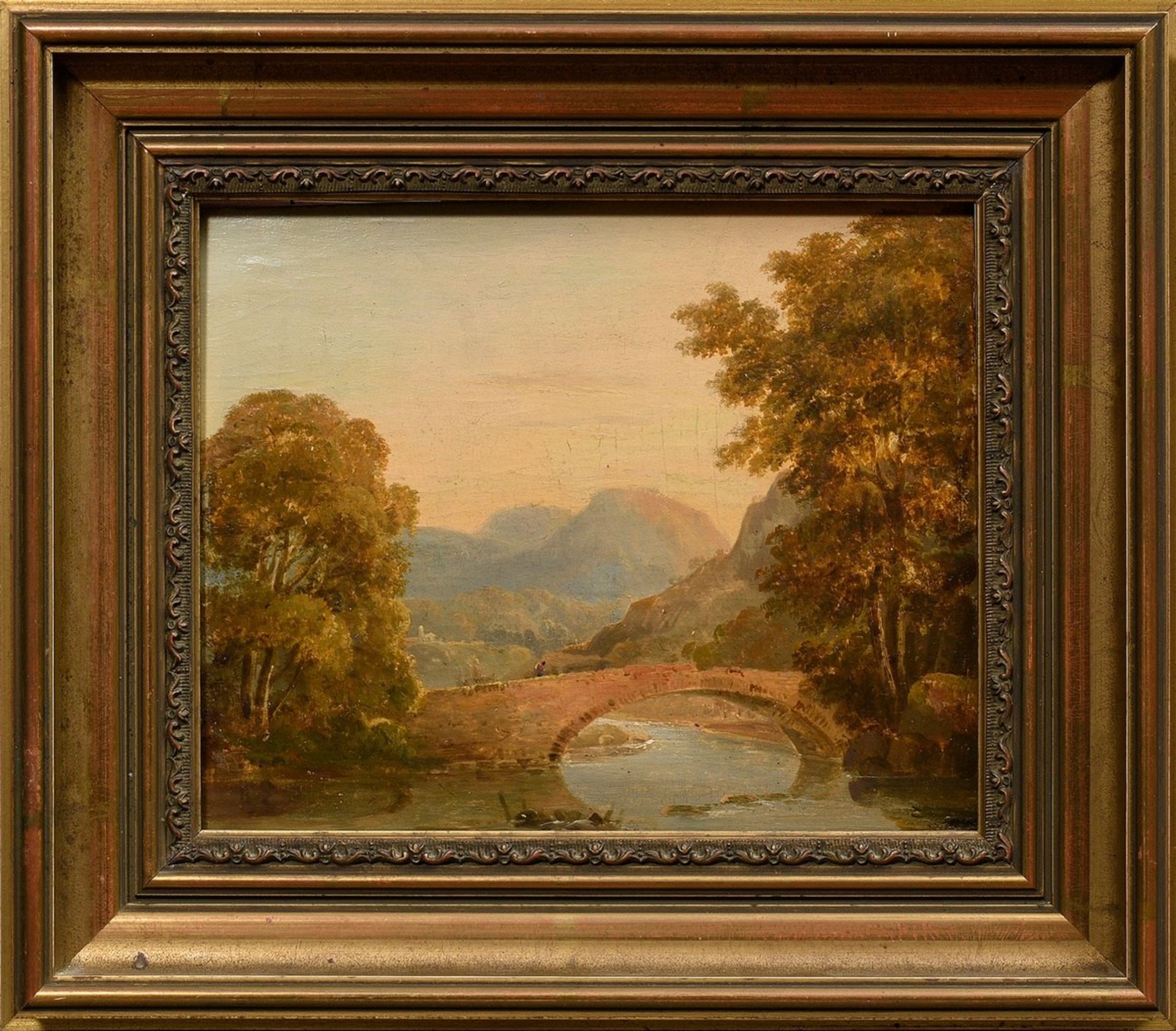 Ibbetson, Julius Caesar (1759-1817) attr. "Rocky Landscape with Bridge", oil/wood, verso inscr., 19 - Image 2 of 6
