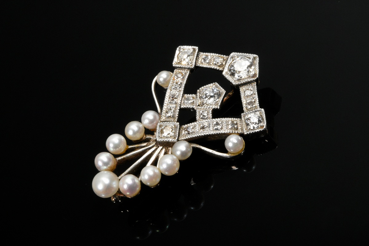 Delicate Art Deco platinized white gold 585 needle with natural pearls and old-cut diamonds (togeth