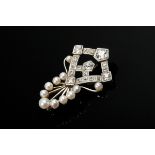 Delicate Art Deco platinized white gold 585 needle with natural pearls and old-cut diamonds (togeth