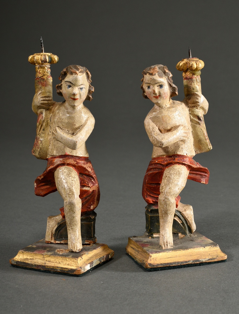 Pair of small candlestick angels in baroque style, carved and painted wood, South Tyrol or Northern