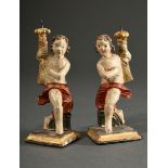 Pair of small candlestick angels in baroque style, carved and painted wood, South Tyrol or Northern