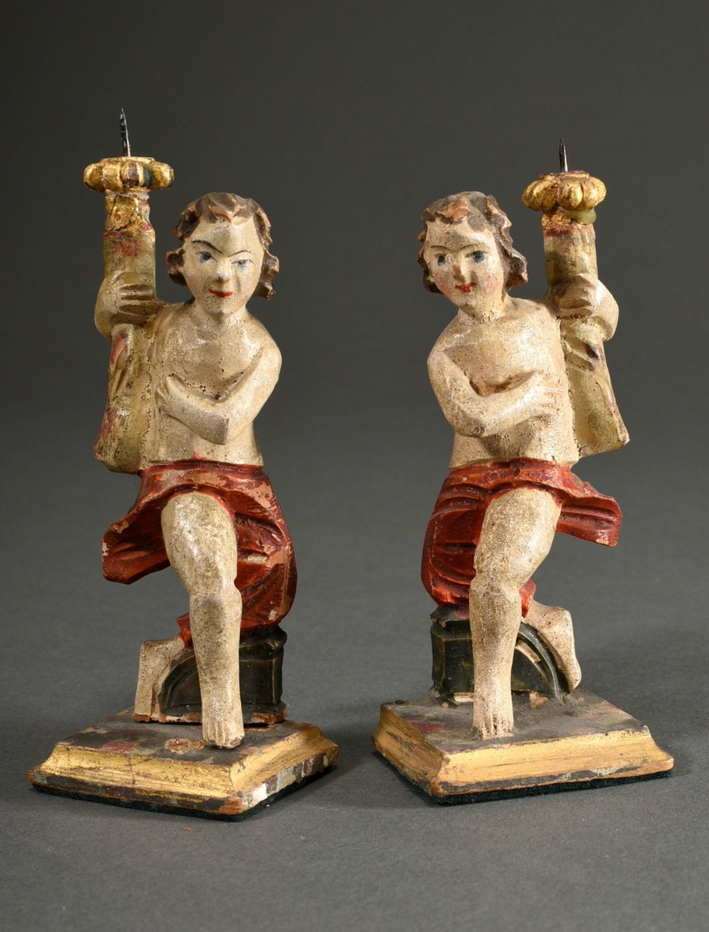 Paar kleine Leuchter-Engel in barocker Façon, Holz geschnitzt und bemalt, Südtirol oder Norditalien