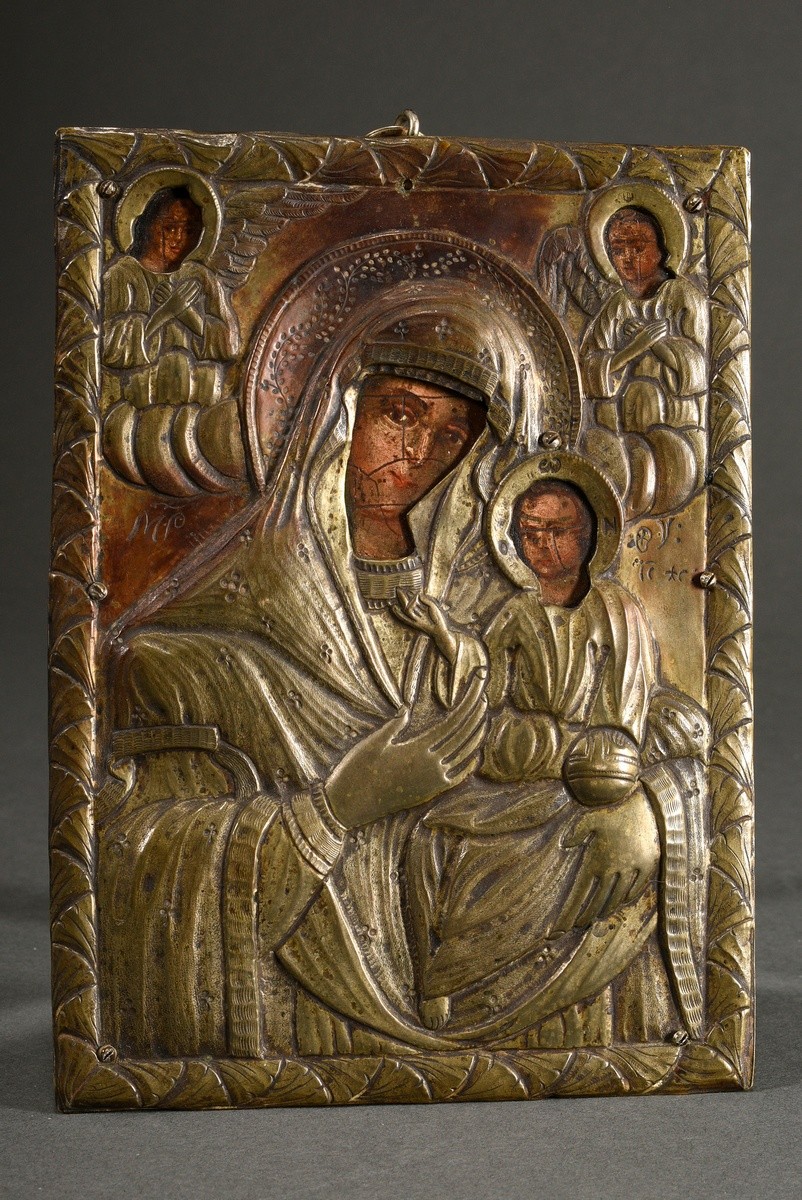 Russian icon with embossed and engraved brass oklad "Mother of God" flanked by two angels, chalk gr