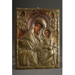 Russian icon with embossed and engraved brass oklad "Mother of God" flanked by two angels, chalk gr