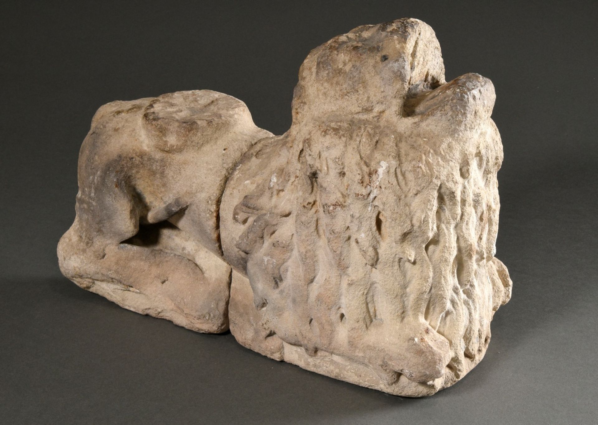 Late medieval sandstone column base "Reclining lion with open mouth", 45x34x20cm, strong traces of 