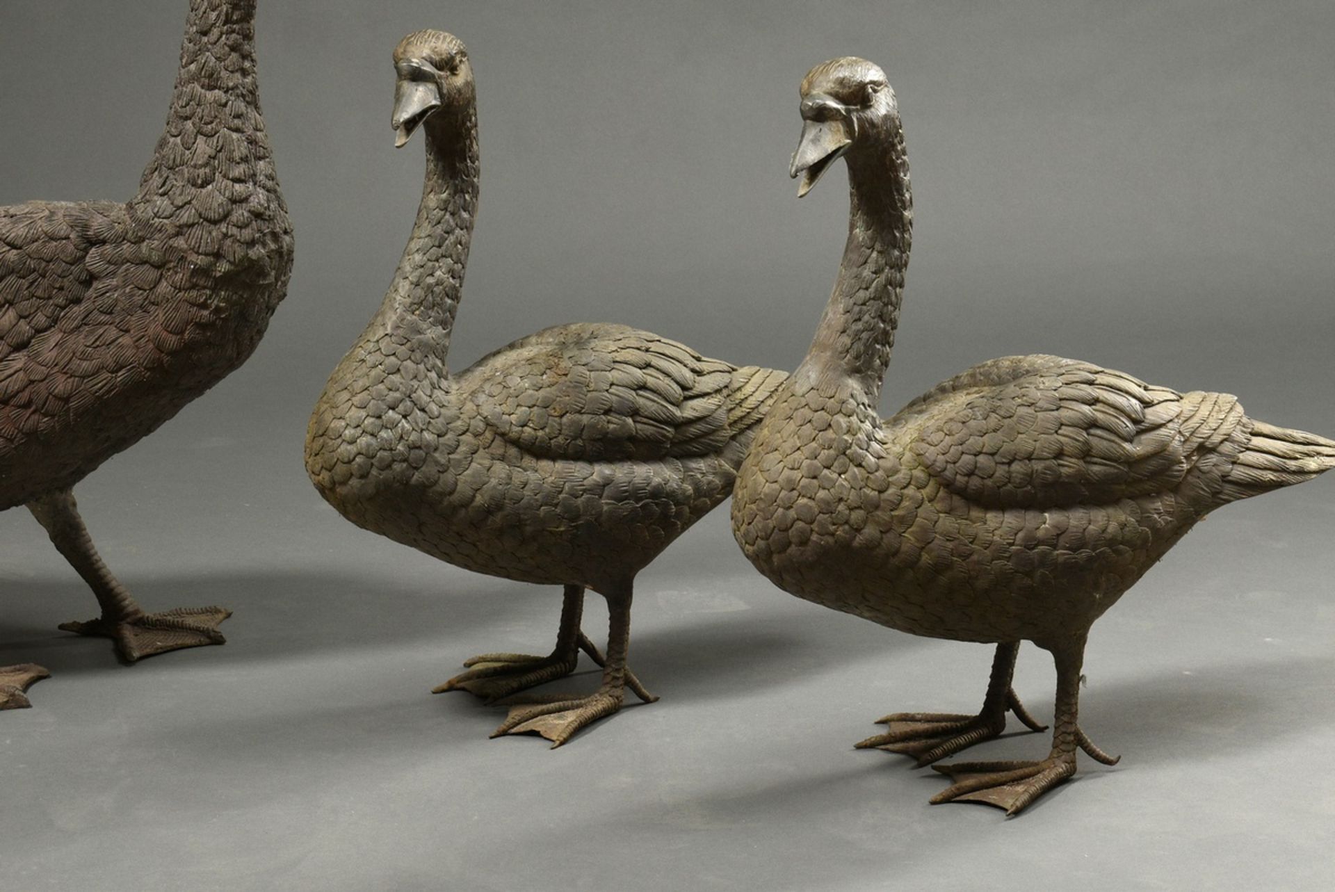 3 Bronze sculptures "Hump-backed swan with 2 young swans", h. 49/51/75cm, signs of age - Image 3 of 6