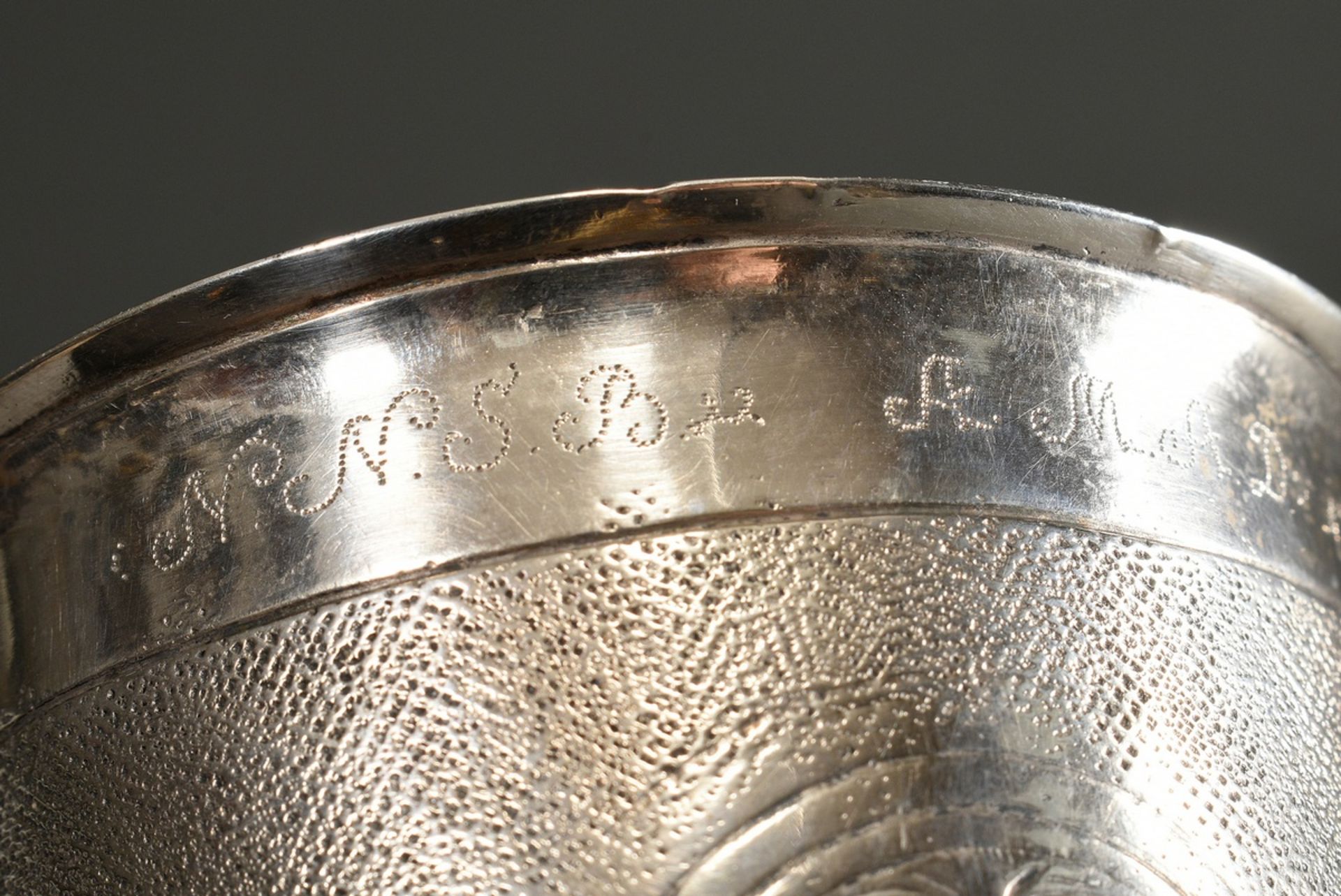 A Danish snakeskin cup with three engraved cartouches ‘Blossoms’, various dotted and engraved owner - Image 5 of 8