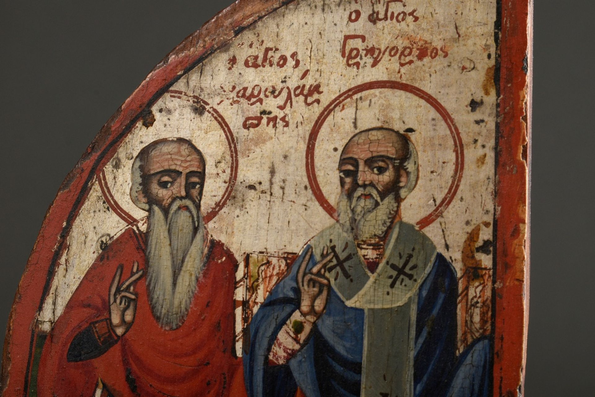 Bäuerlicher Ikonen Klappaltar mit bogenförmigen Flügeln "Muttergottes Hodegetria" und "Acht Heilige - Bild 10 aus 15