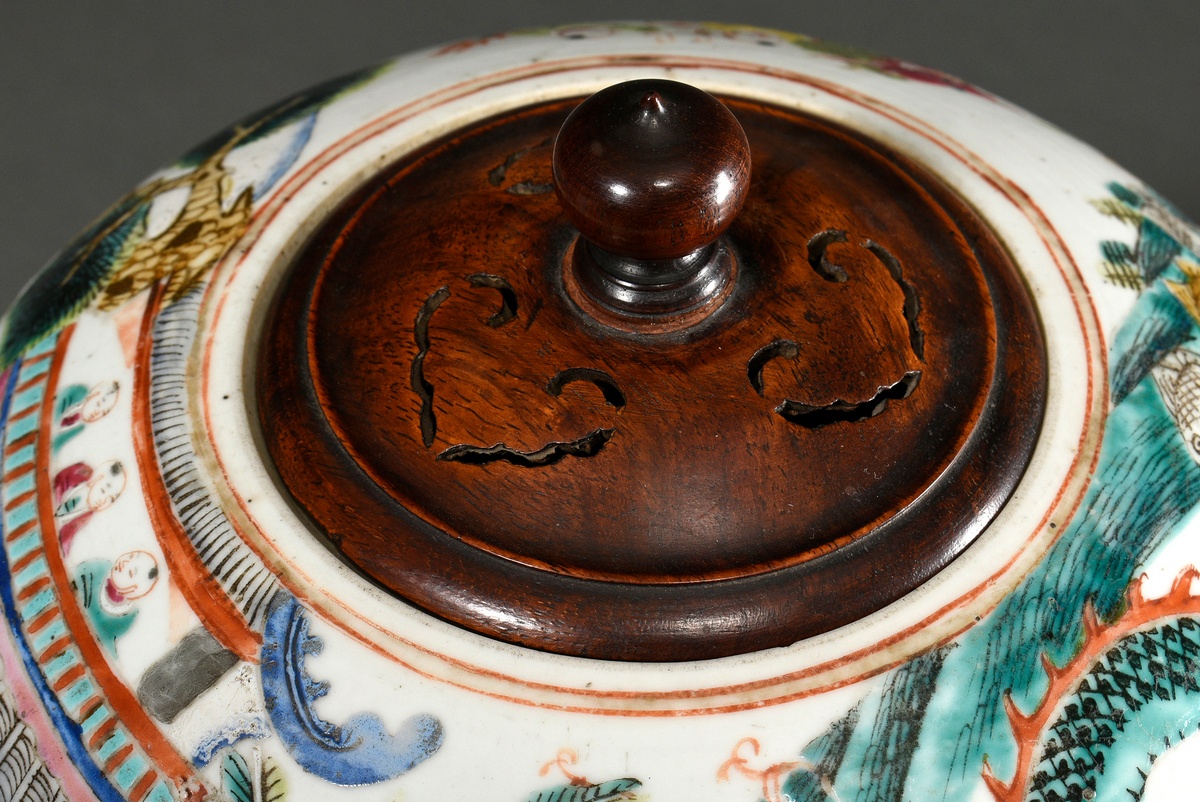 Bellied ginger pot with carved wooden lid and stand and polychrome painting "New Year's festival wi - Image 8 of 13