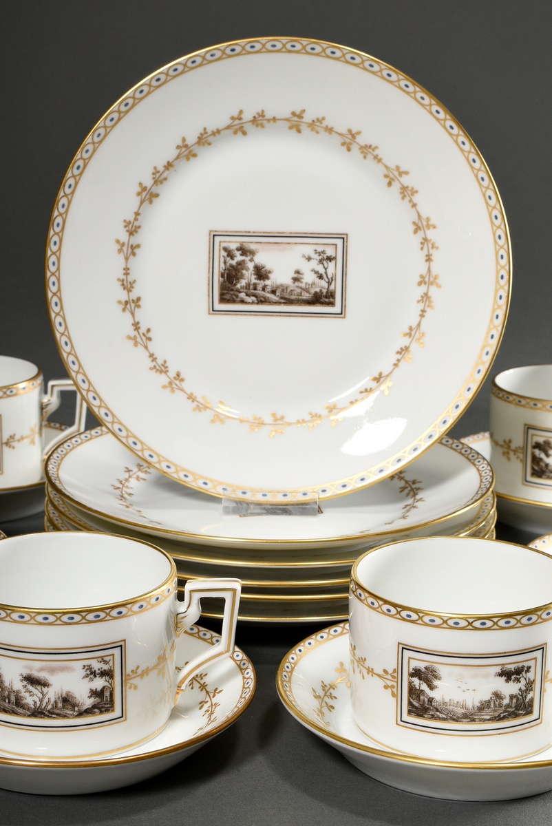 12 Pieces Ginori tea service for 6 people in classic form with grisaille "Landscapes" with gold ten