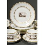 12 Pieces Ginori tea service for 6 people in classic form with grisaille "Landscapes" with gold ten