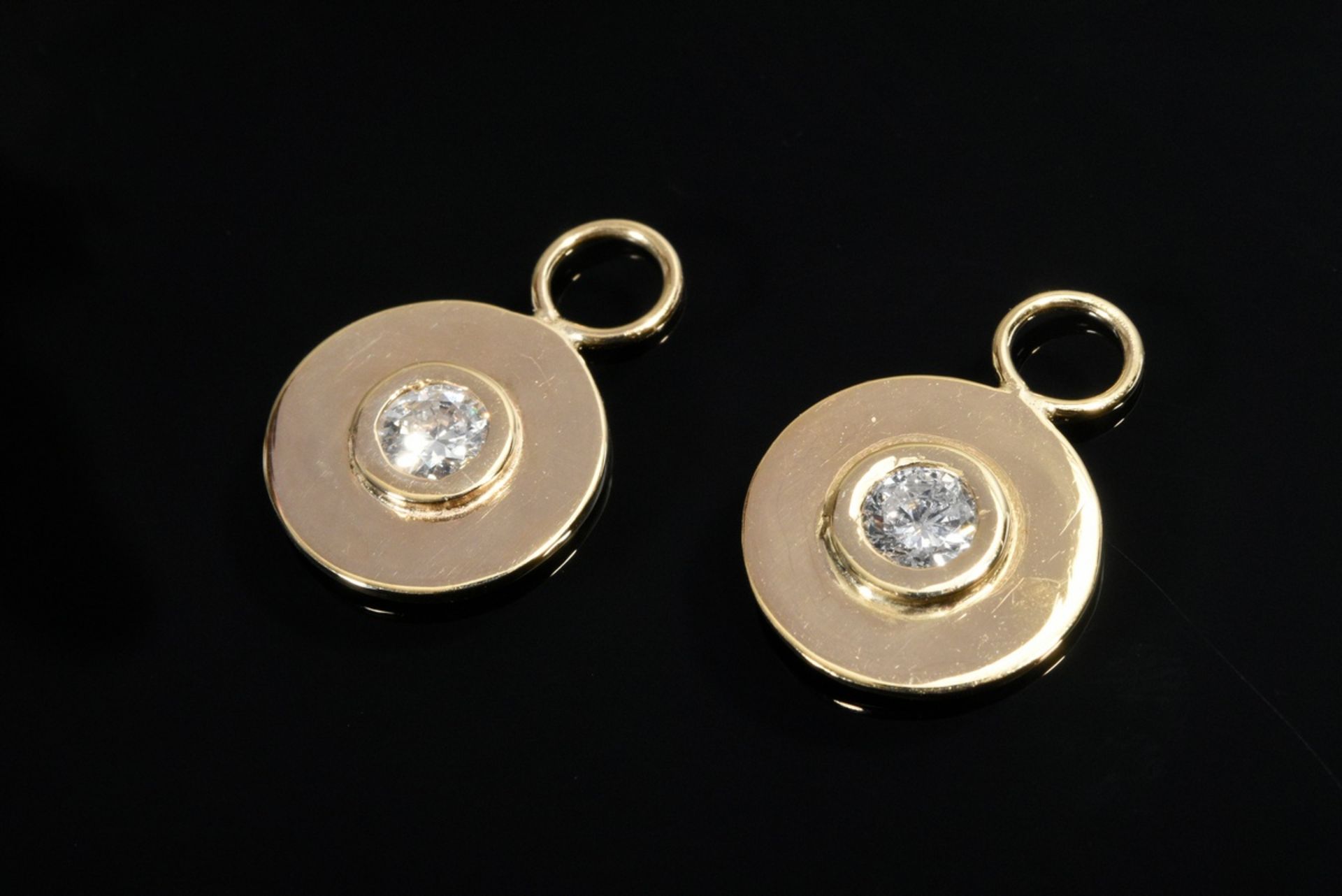 Paar Gelbgold 750 Scheibeneinhänger für Ohrringe mit Brillanten (zus. ca. 0.66ct/SI-P1/TCR), 4,8g, 