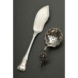 2 Various cutlery pieces: Dutch sugar spreader spoon with relief decoration and floral openwork  (M