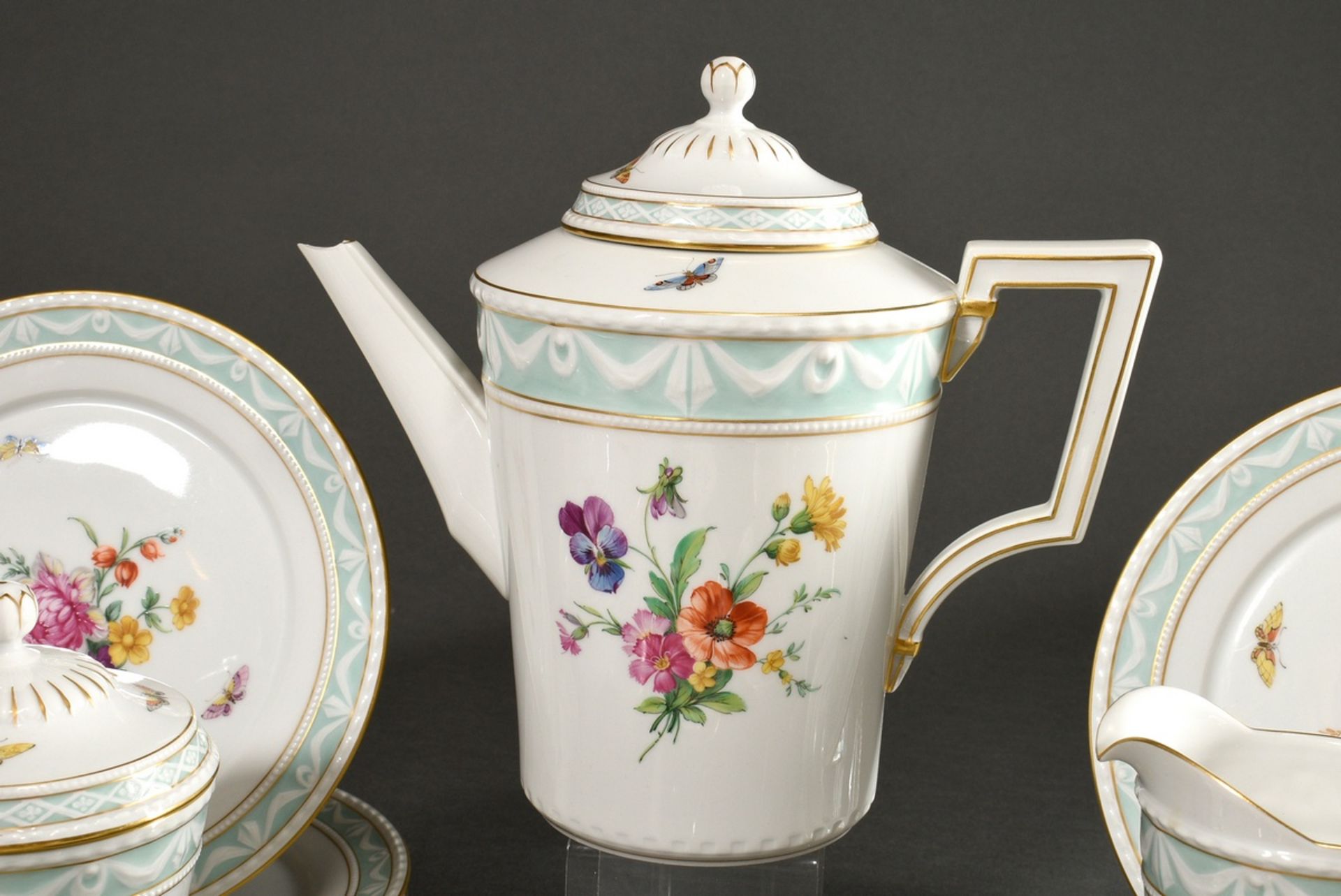 15 Pieces KPM coffee service "Kurland" with flowers and insects, gold staffage and turquoise frieze - Image 8 of 10