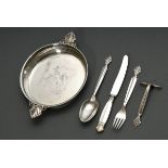 5 pieces Georg Jensen christening gift ‘Acanthus’, designed by Johan Rohde 1917, made after 1945, s
