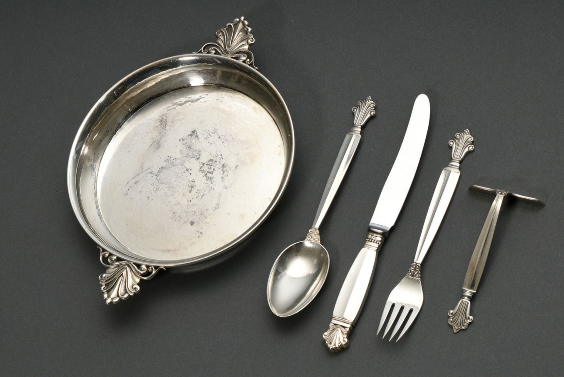 5 pieces Georg Jensen christening gift ‘Acanthus’, designed by Johan Rohde 1917, made after 1945, s