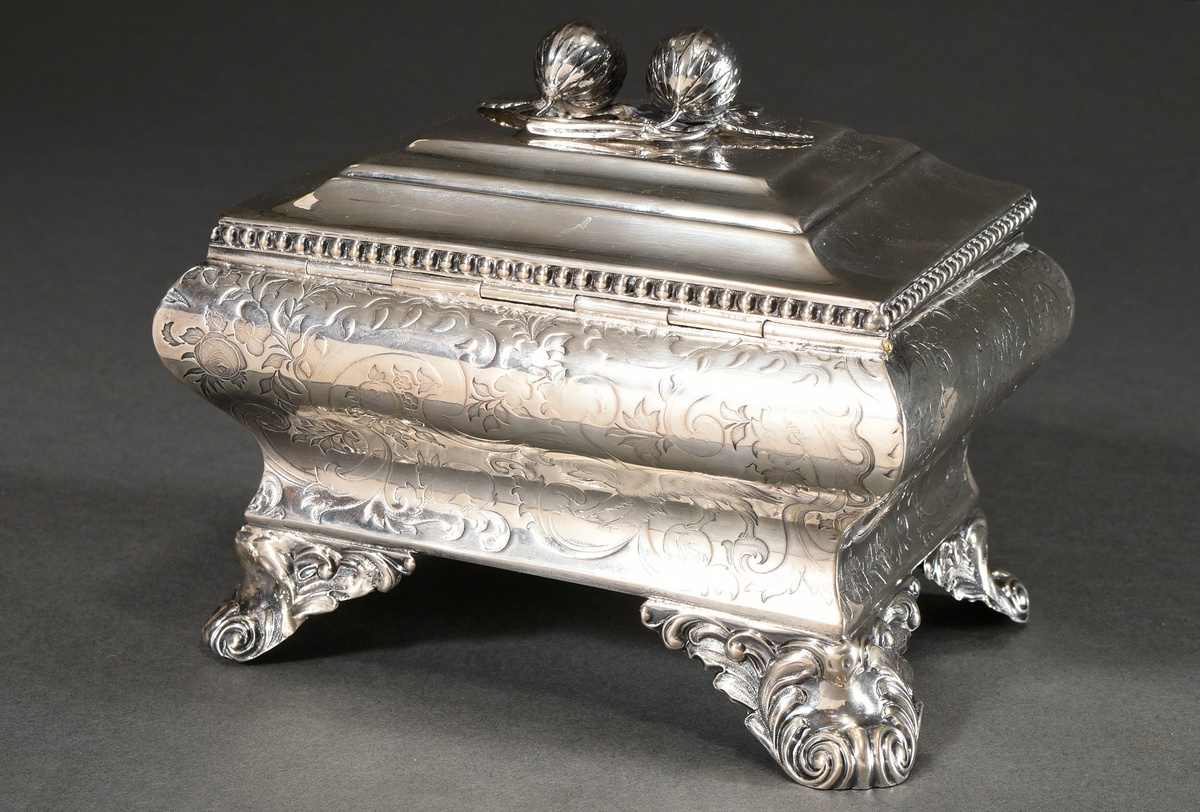 A Berlin sugar box of cambered form on foliate volute feet with embossed floral decoration, stepped - Image 3 of 8