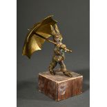 Bronze "Hase mit Schirm", bekleidet mit Wams und Hose, Reste farbiger Bemalung, auf Holzsockel, H. 
