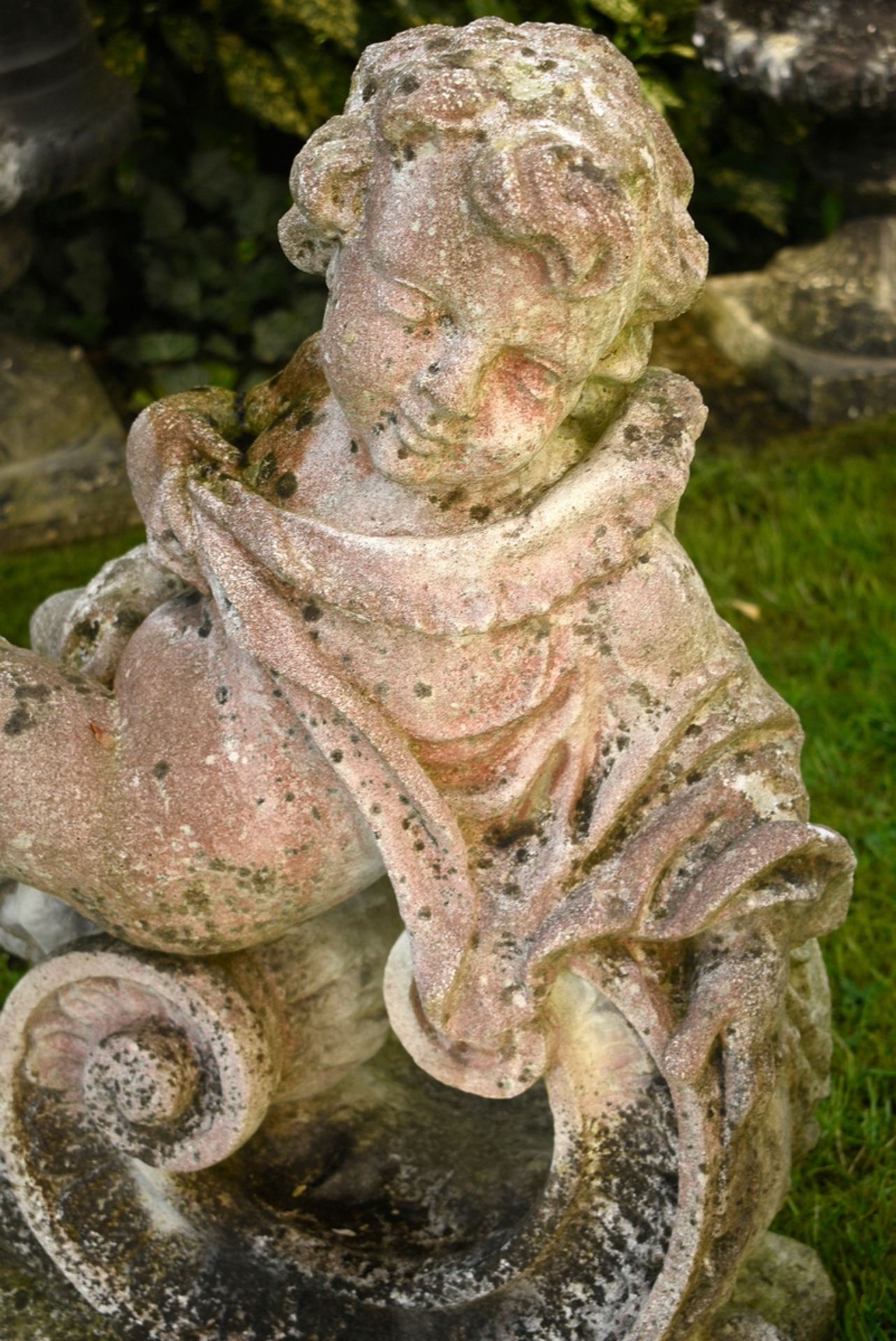 Pair of sandstone garden figures "Putti Allegories Summer and Winter", 75x53x28, traces of weatheri - Image 4 of 4