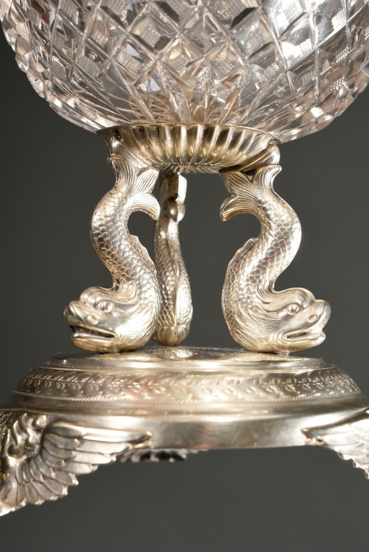 An Empire sugar bowl with a crystal bowl over 3 sculptural dolphins on a round foot with 3 winged p - Image 2 of 3